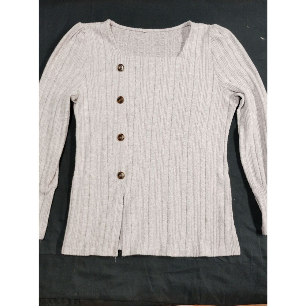 Amazon Cozy Light Gray Ribbed Button Accent Women's Sweater